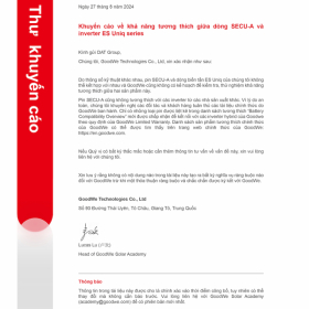 Thư Khuyến Cáo về khả năng tương thích sản phẩm Pin GoodWe SECU-A